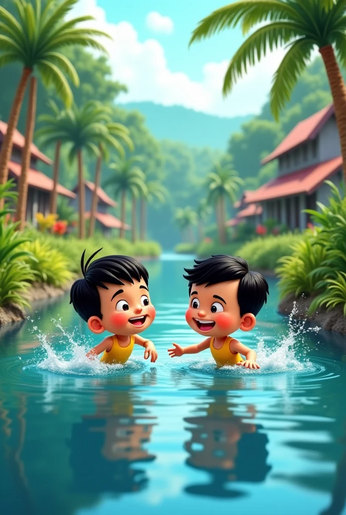 Describe image 3d"Create an image of a vibrant waterfall scene with two friends, Amit and Rajesh, in the foreground. Amit is standing near the edge of the waterfall, his face lit up with excitement as he laughs. Rajesh, wearing a bright swimsuit, is playfully splashing water towards Amit, with droplets flying around. The background features a cascading waterfall with mist rising into the air, surrounded by lush, green foliage and rocks. The atmosphere is joyful and energetic, capturing the essence of their playful interaction."