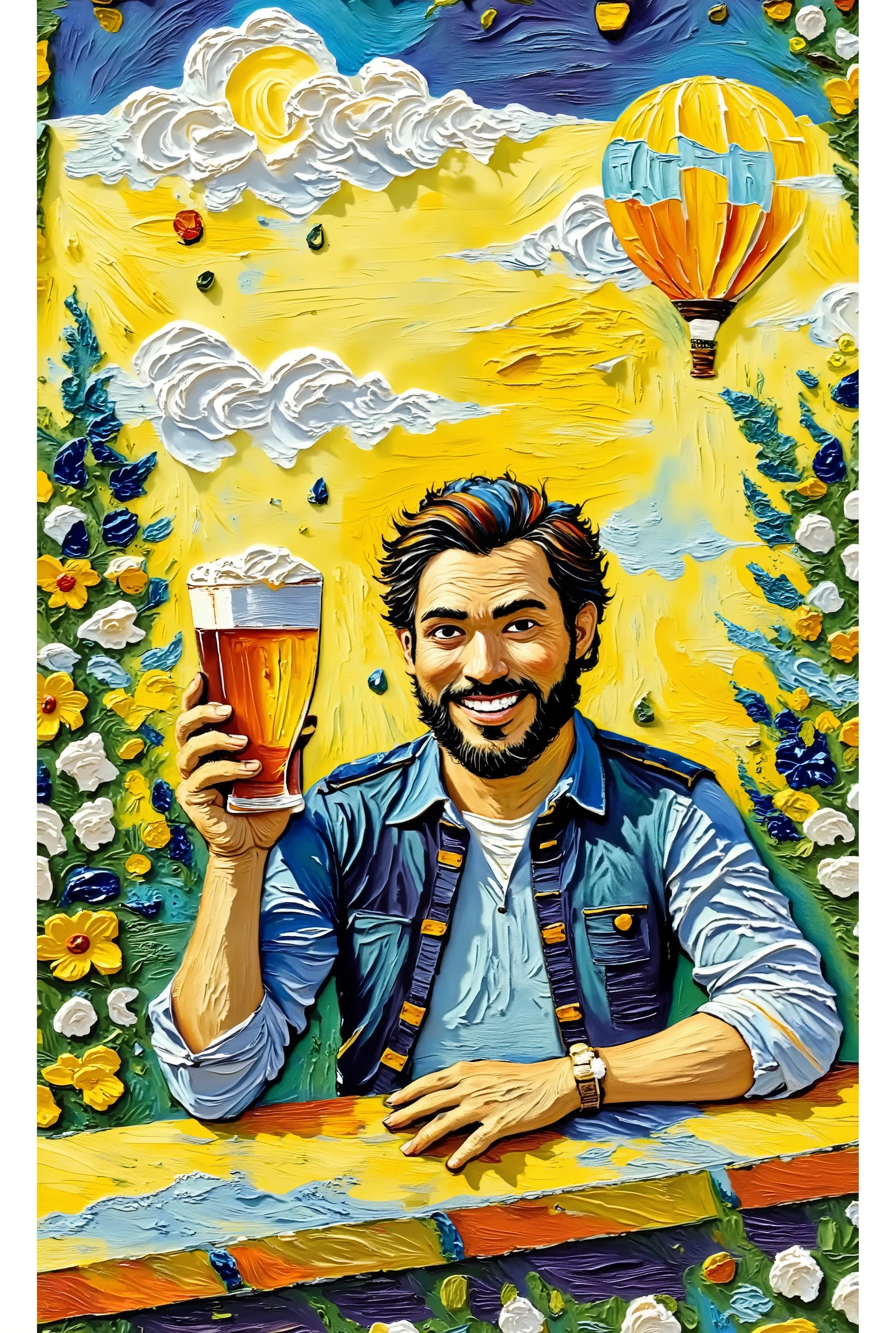  A happy man holding a glass of blond beer in his hand . He is seated at a dark wooden table ,  visible from the chest up ,  while the table covers the rest of his body .  He has dark brown hair and a thick and bulky beard of the same color.  The background is illuminated with yellow tones ,  slightly out of focus ,  showing the silhouettes of people sitting and enjoying drinks .  The overall style of the image is watercolor ,  capturing a warm and cheerful atmosphere . The man is in a bar and the drawing style is watercolor .