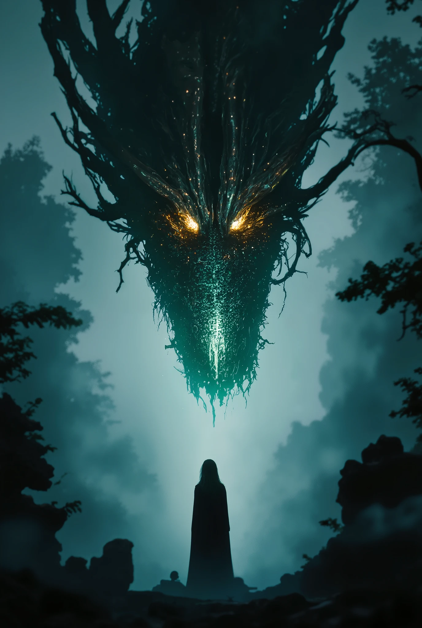 In a dense, fog-filled forest, a mystical atmosphere envelops the encounter between a woman and an ancient dragon. The image is dominated by the dragon’s massive face, taking up most of the frame with extraordinary detail. Its scales are rugged and layered like emerald stones, dark green with silvery edges that shimmer faintly, reflecting its age and wisdom. The dragon’s enormous golden eyes glow with an intense yet gentle aura, locked onto the woman before it. Its broad snout is marked with fine veins, and its long, curved horns resemble intricately carved stone, adding to its majestic presence.

The woman appears tiny, almost doll-like, standing before the colossal dragon. She is clad in a plain rich pink sorcerer’s robe that flows gracefully in the faint breeze. Her long, wavy blonde hair cascades past her waist, exuding elegance and charm amidst the mystical setting.

The composition of the image is striking, with the dragon’s face filling most of the space, while the woman stands in the lower center of the frame, emphasizing the dramatic size contrast between them. Thick fog blankets the scene, obscuring much of the forest in the background, while soft light pierces through, casting a serene and magical glow. The focus is on the intense eye contact between the dragon and the woman, portraying a moment of harmony and courage within this awe-inspiring and enigmatic setting.