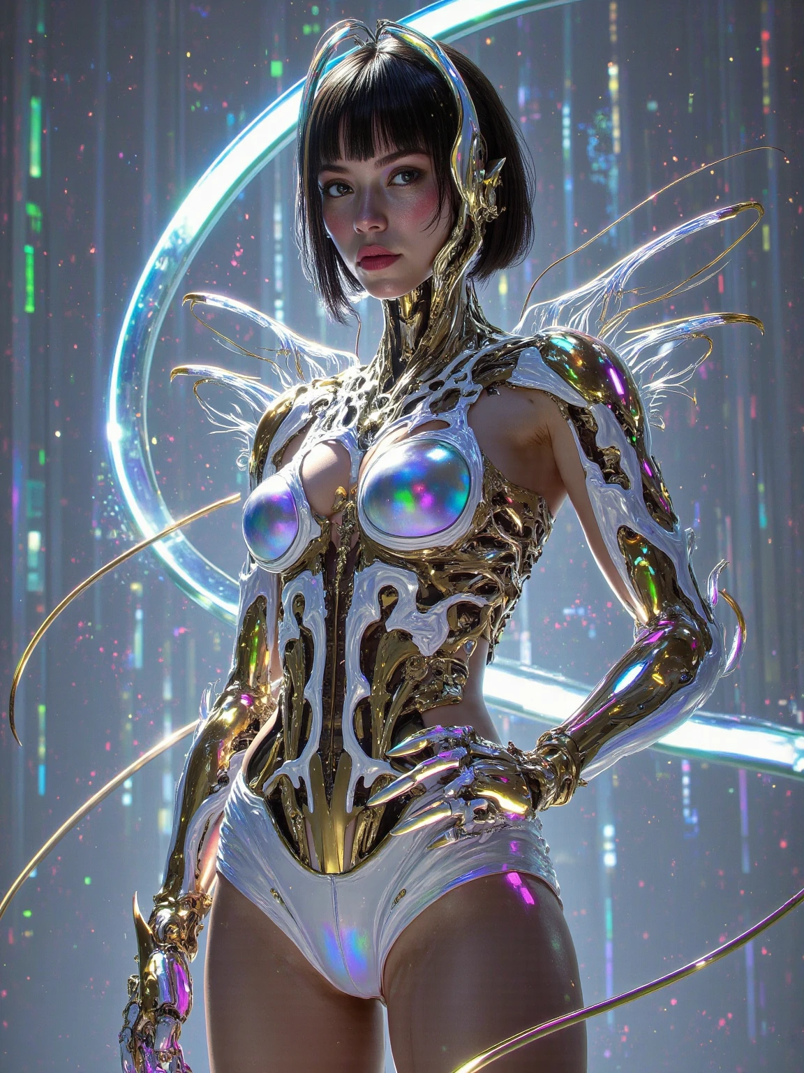 artistic conception，White Space，Rock Color，Gold Leaf， color particles , color curve ，Chen Jialing,Dark Night Glow,Neon colors ，((Best Quality)), ((masterpiece)), ( Details:1.4), (((Cybersuit with Machine Parts and Clear Skin Iridescent Aurora Material Grey carbon material Cyberpunk Beauties ))), ((Wide open chest)),  hip and thigh skin , Ticker ( high dynamic range),  ray tracing, NVIDIA,  super resolution,  Subsurface Scattering PBR Texturing, post processing,  High Dynamic Range ,  for thin string underwear, Surface shading, Accurate simulation of light/Material interactions,  perfect proportions , Two tone lighting, wide aperture, Low ISO, white balance , 8k, Viewer discretion advised, (((Tall Woman))), 25-year-old woman, Bright LEDs, Knee-length, bulge, open stance,  hip and thigh skin , Beautiful body,  belly button visible through bare skin , Big Breasts, (( Glowing LEDs)), ( Big Breasts: 1.0),  a dazzling cyberpunk cityscape , Skyscraper, Neon Signs, LED Light, Bright and vivid color scheme, Bright and vivid color scheme,  surprised expression ,  short bang , (((Beautiful, shiny rainbow-colored hair Straight Medium Ponytail ))),  Anatomically Correct Arms and Fingers, Seven color tones，Gold lines ，Shine,Revea,Self-illumination, flowing lines , Master Composition ， Super dreamy colors ，Colorful Lights and Shadows， Extreme Details ，Finely engraved ，8k， HD， high quality 