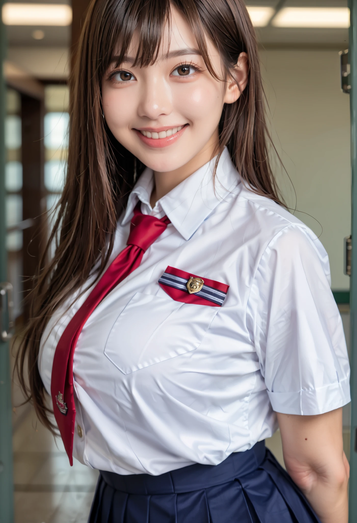 Highest quality,masterpiece,Super detailed,8k,RAW Photos,(Realistic,High resolution:1.2),(Cute Japanese Girl),(Super huge boobs:1.5),(Light brown hair),(school uniform,White collared shirt,Pleated skirt:1.4), red tie,(Sensual:1.4),(Shoulder length),(A light smile), (heavy chest:1.1), (huge breasts), (heavy chest:1.1, ),, (SFW), front, ass pov, looking at viewer, (fold arms under chest:1.3)