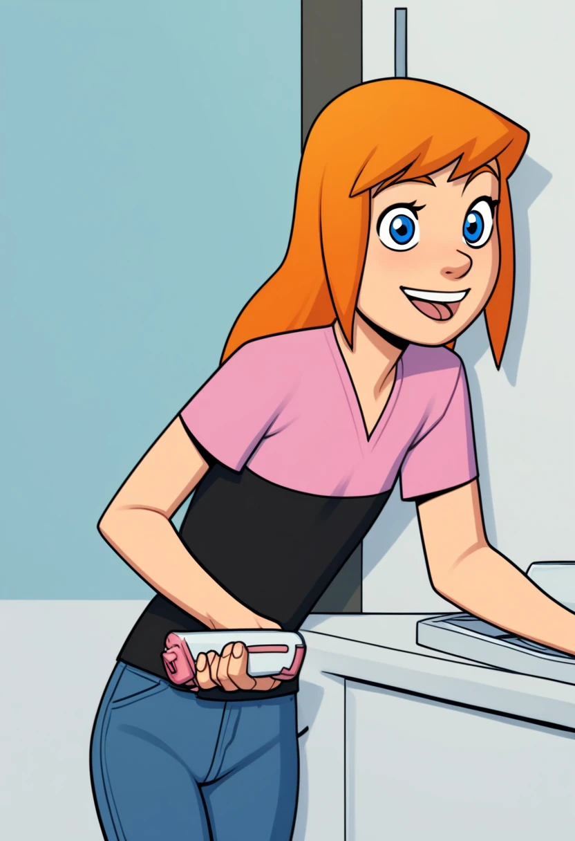 Clover, totally spies, blonde hair, medium hair, closed eyes, skinny, pink tank-top midriff, cum in mouth, batfing, sink, sad, leaning