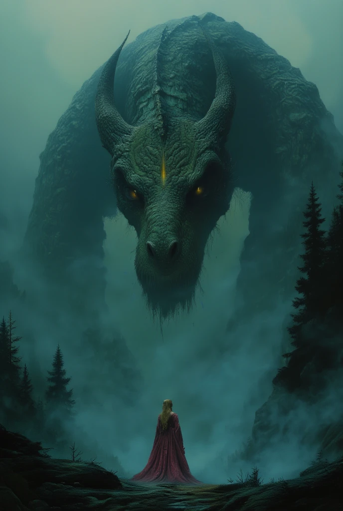 In a dense, fog-filled forest, a mystical atmosphere envelops the encounter between a woman and an ancient dragon. The image is dominated by the dragon’s massive face, taking up most of the frame with extraordinary detail. Its scales are rugged and layered like emerald stones, dark green with silvery edges that shimmer faintly, reflecting its age and wisdom. The dragon’s enormous golden eyes glow with an intense yet gentle aura, locked onto the woman before it. Its broad snout is marked with fine veins, and its long, curved horns resemble intricately carved stone, adding to its majestic presence.

The woman appears tiny, almost doll-like, standing before the colossal dragon. She is clad in a plain rich pink sorcerer’s robe that flows gracefully in the faint breeze. Her long, wavy blonde hair cascades past her waist, exuding elegance and charm amidst the mystical setting.

The composition of the image is striking, with the dragon’s face filling most of the space, while the woman stands in the lower center of the frame, emphasizing the dramatic size contrast between them. Thick fog blankets the scene, obscuring much of the forest in the background, while soft light pierces through, casting a serene and magical glow. The focus is on the intense eye contact between the dragon and the woman, portraying a moment of harmony and courage within this awe-inspiring and enigmatic setting.