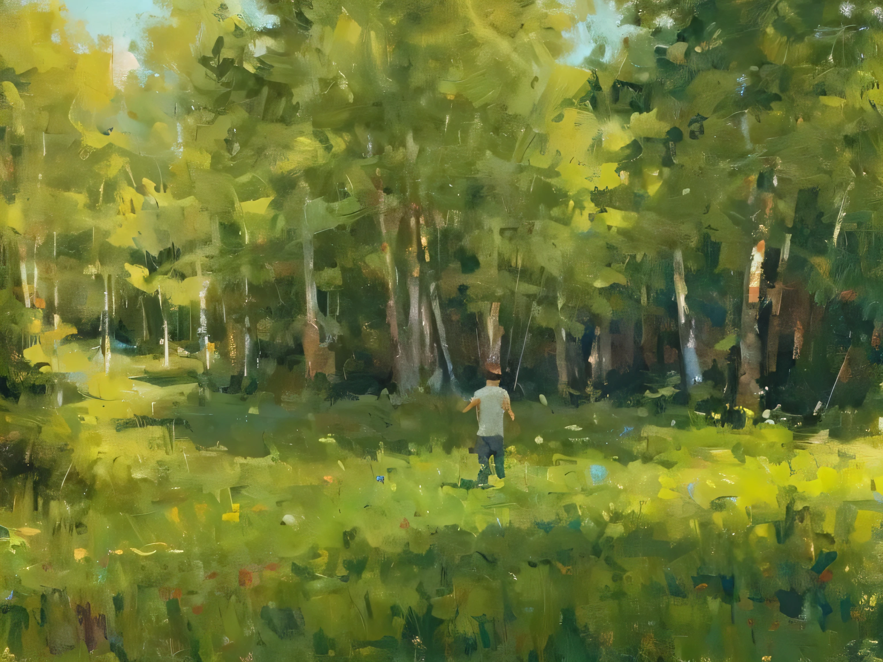 A forest and mountains , a boy with open arms in front of the forest full of trees grids, 2d drawing, high definition , 4K