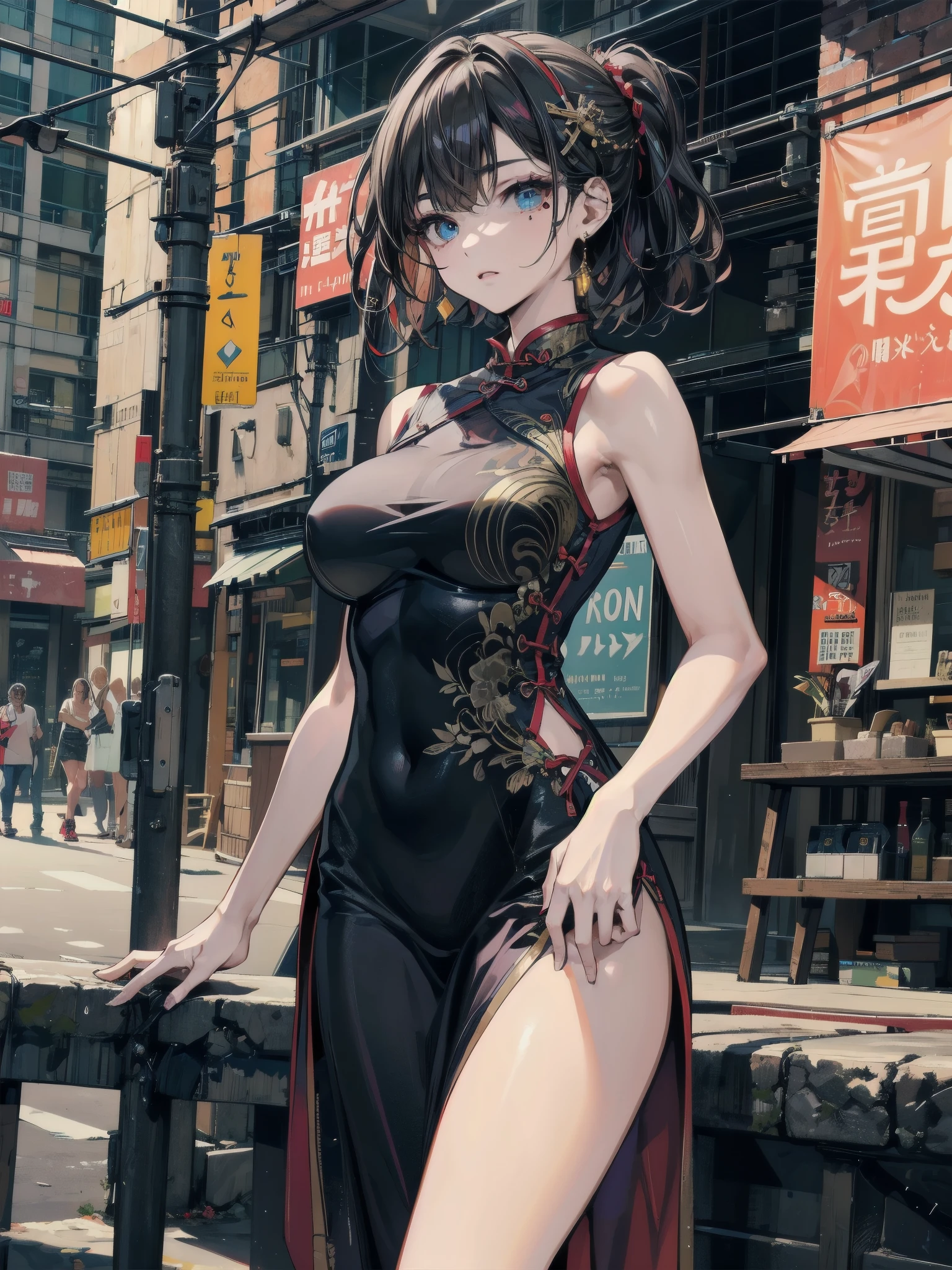 <lora:StyleKagamiHirotaka2:0.7>, (ultra detailed:1.2), (best quality:1.2), (watercolor:0.9), (sketch:0.7), (masterpiece:0.9), (dark city background), kagami hirotaka style, 1girl, smug expression, black hair, large green eyes, hand on hip, navel, cheongsam, colorful flowers, tight clothes