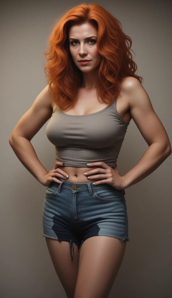 (a very tall woman),(red curly hair),(very short hair),(very muscular physique,abs),(purple iris),(small brown leather jacket),(white t-shirt),(blue jeans),(tomboy),(fighting),(best quality,highres),(ultra-detailed),(realistic:1.37),(portrait),(vivid colors),(studio lighting)