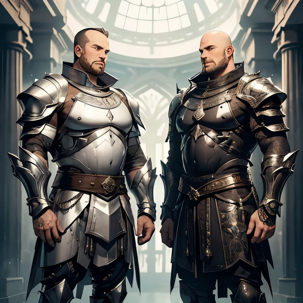2 white men. height 1,70. Twin brothers. 37 years old. full body. one of them is fat. Big Belly. bald . Light and tight fighting armor, silvery, with details in the color black . tribal tattoos on the body . haughty look. bright brown eyes . detailed eyes . mature countenance