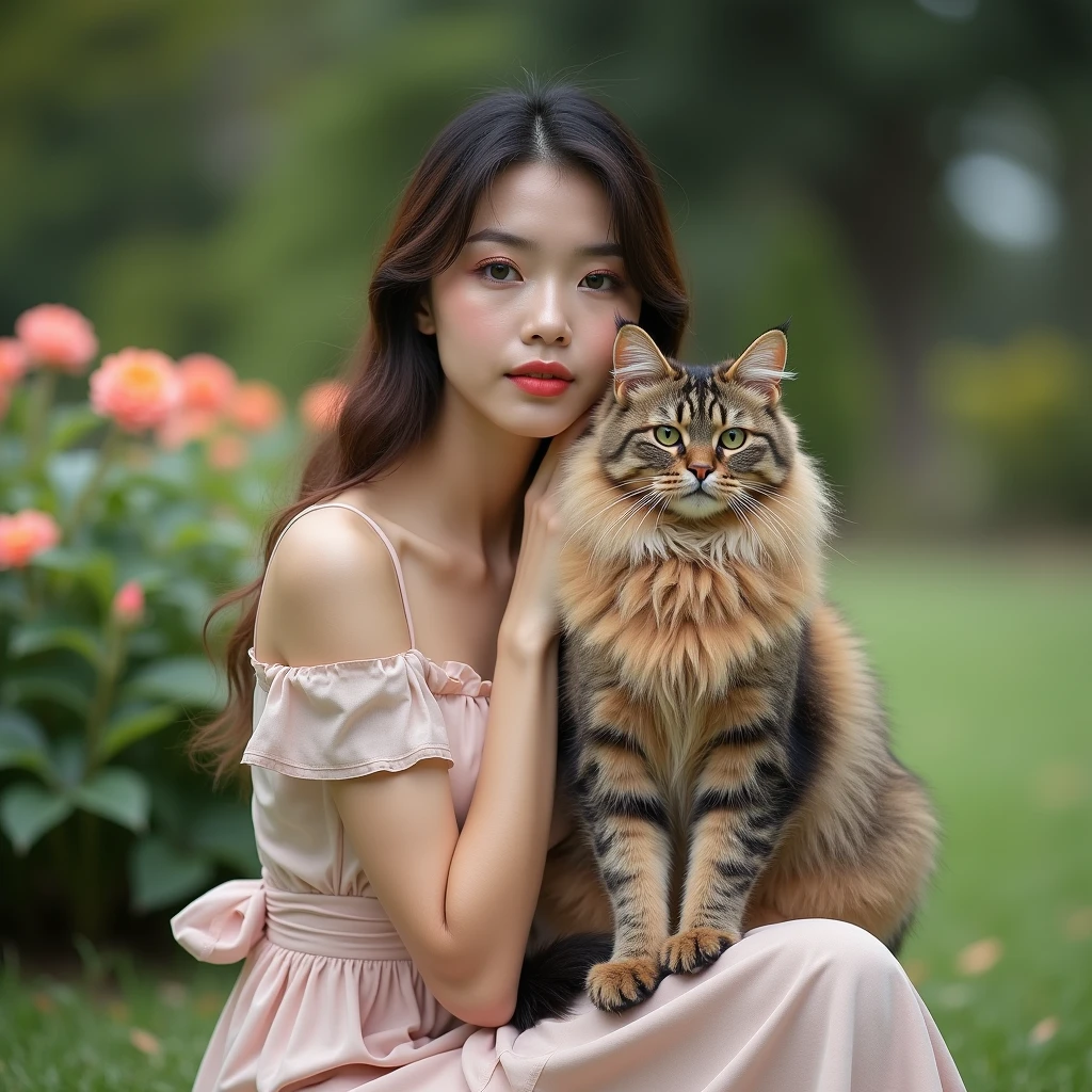 Professional photography shows a beautiful Indonesian woman wearing a modern dress posing charmingly with an Angora cat, in the background of a flower garden there is green grass with an elegant realistic full body design