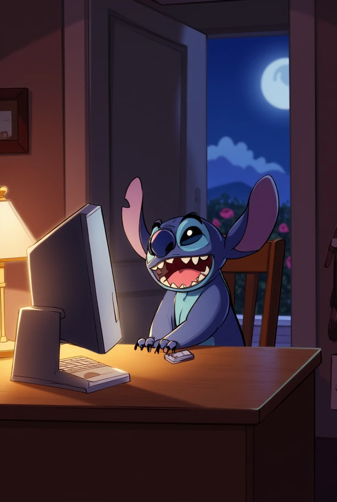 Disney's Stitch finally sits on the wooden chair, with an expression of relief and happiness, in front of the computer turned on on the table.  The soft light of the screen illuminates your face , as he enthusiastically types a message to 'Marcella'. His hand is positioned on the keyboard, with his fingers eager to send the words, and his eyes shine with a mixture of nervousness and excitement.

The smile on Disney's Stitch's face is contagious, showing its joy and anticipation, as if that moment was very important to him. The surrounding environment is cozy and calm, with the soft light of the ceiling lamp enveloping the room in a warm and comfortable atmosphere. The computer glows softly, reflecting on the expression of Disney's Stitch as he stares at the screen, eagerly awaiting Marcella's response.

The house in the background is simple and welcoming, with light wood furniture and simple decor. The open door behind him still lets you glimpse the field of roses in the distance, under the soft moonlight, that glows calmly. The contrast between the cozy atmosphere of the house and the tranquility of the world outside creates a sense of calm and serenity.

The scene captures the energy of Disney's Stitch, with him completely focused on the computer screen, eagerly awaiting the answer that could change the course of his thoughts and emotions. His radiant expression of smile and expectation conveys how much that moment is significant to him, as he waits for the message from Marcella with her heart pounding.