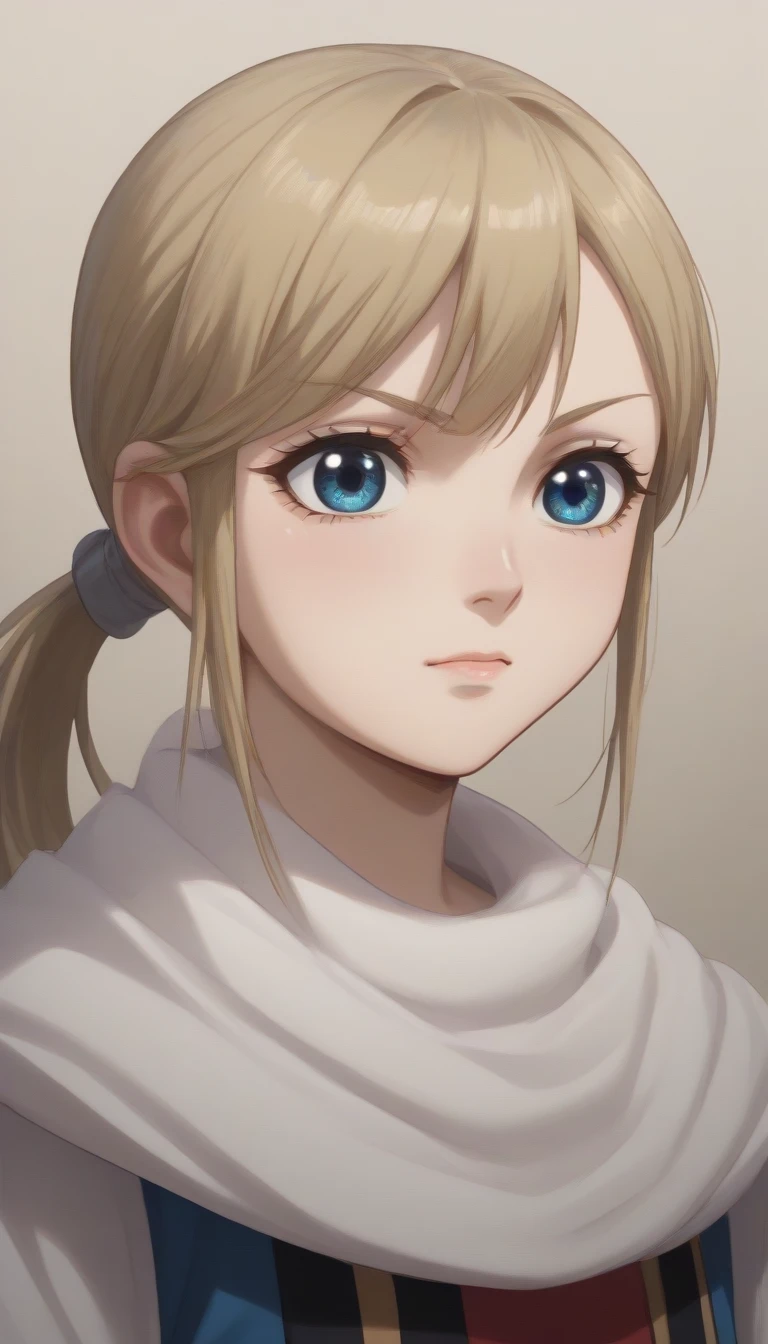 (((blond  hair blue  eyes)))  score_9, score_8_up, score_7_up, 1girl, kyoukai cowl  body guard    oval face  half portrait  cute expression 