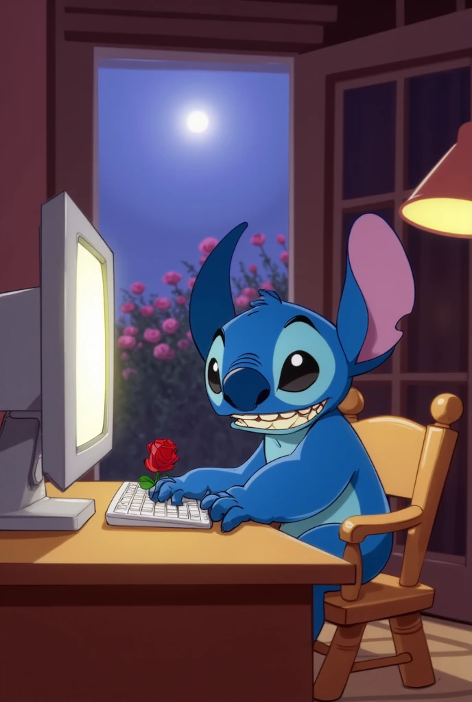 Disney's Stitch finally sits on the wooden chair, with an expression of relief and happiness, in front of the computer turned on on the table.  The soft light of the screen illuminates your face , as he enthusiastically types a message to 'Marcella'. His hand is positioned on the keyboard, with his fingers eager to send the words, and his eyes shine with a mixture of nervousness and excitement. The smile on Disney's Stitch's face is contagious, showing its joy and anticipation, as if that moment was very important to him. The surrounding environment is cozy and calm, with the soft light of the ceiling lamp enveloping the room in a warm and comfortable atmosphere. The computer glows softly, reflecting on the expression of Disney's Stitch as he stares at the screen, eagerly awaiting Marcella's response. The house in the background is simple and welcoming, with light wood furniture and simple decor. The open door behind him still lets you glimpse the field of roses in the distance, under the soft moonlight, that glows calmly. The contrast between the cozy atmosphere of the house and the tranquility of the world outside creates a sense of calm and serenity. The scene captures the energy of Disney's Stitch, with him completely focused on the computer screen, eagerly awaiting the answer that could change the course of his thoughts and emotions. His radiant expression of smile and expectation conveys how much that moment is significant to him, as he waits for the message from Marcella with her heart pounding. There is a red rose next to the computer keyboard