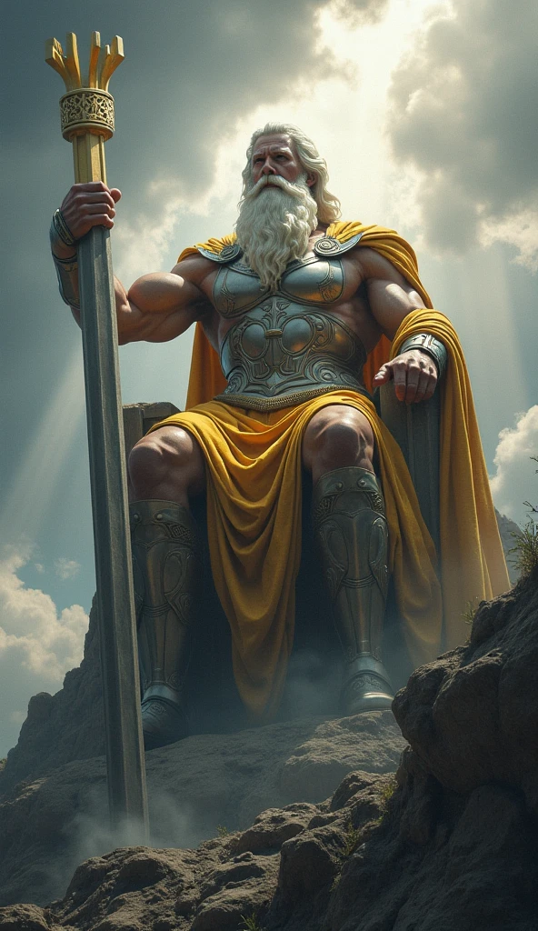 Medium shot, Zeus, Muscular, tall, bearded, thunderbolt, crown, toga, sandals, regal, commanding, divine + Zeus seated, throne, clouds, daylight, golden light, powerful, regal, serene, Olympus