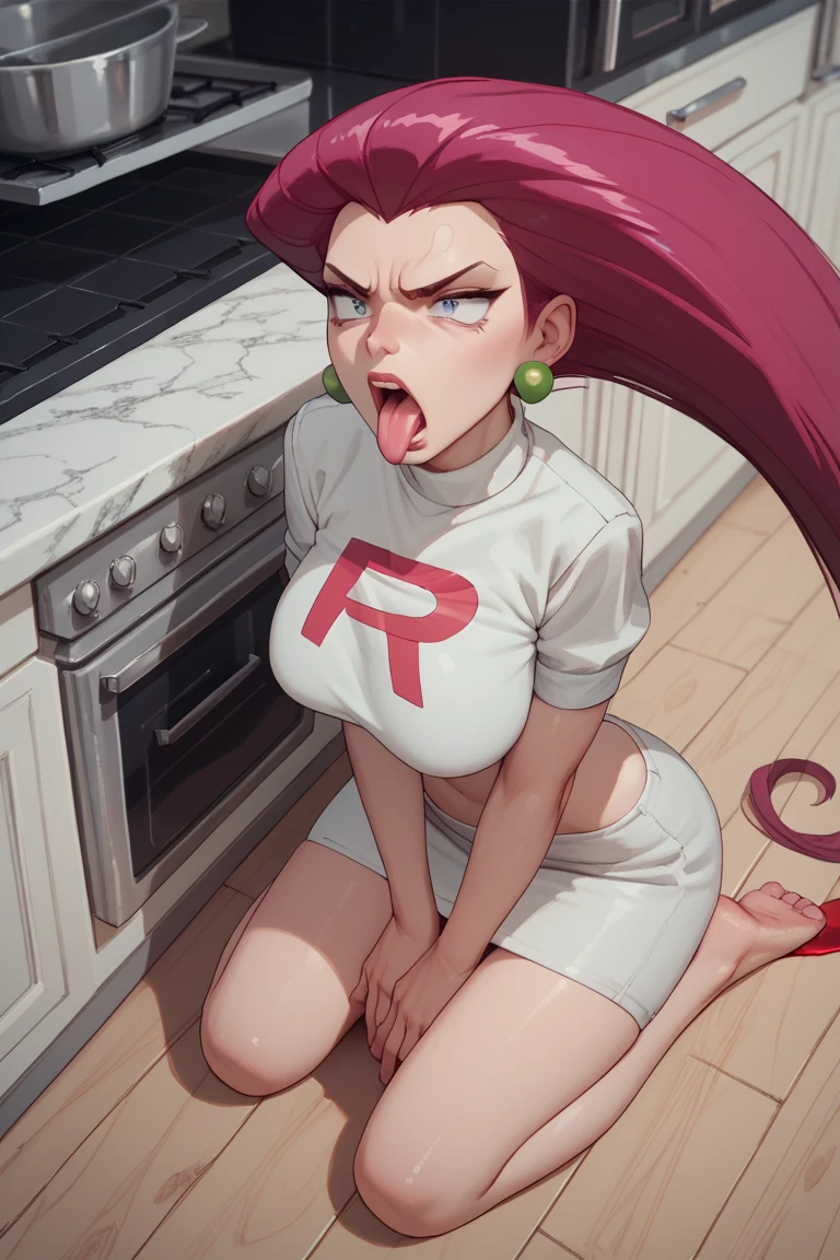 Jessie, fat breasts ,  big bosom ,  Open mouth,  tongue out , annoyed, , with clothes,  kneeling fashion, In a kitchen,  from above,  look at the spectator. 