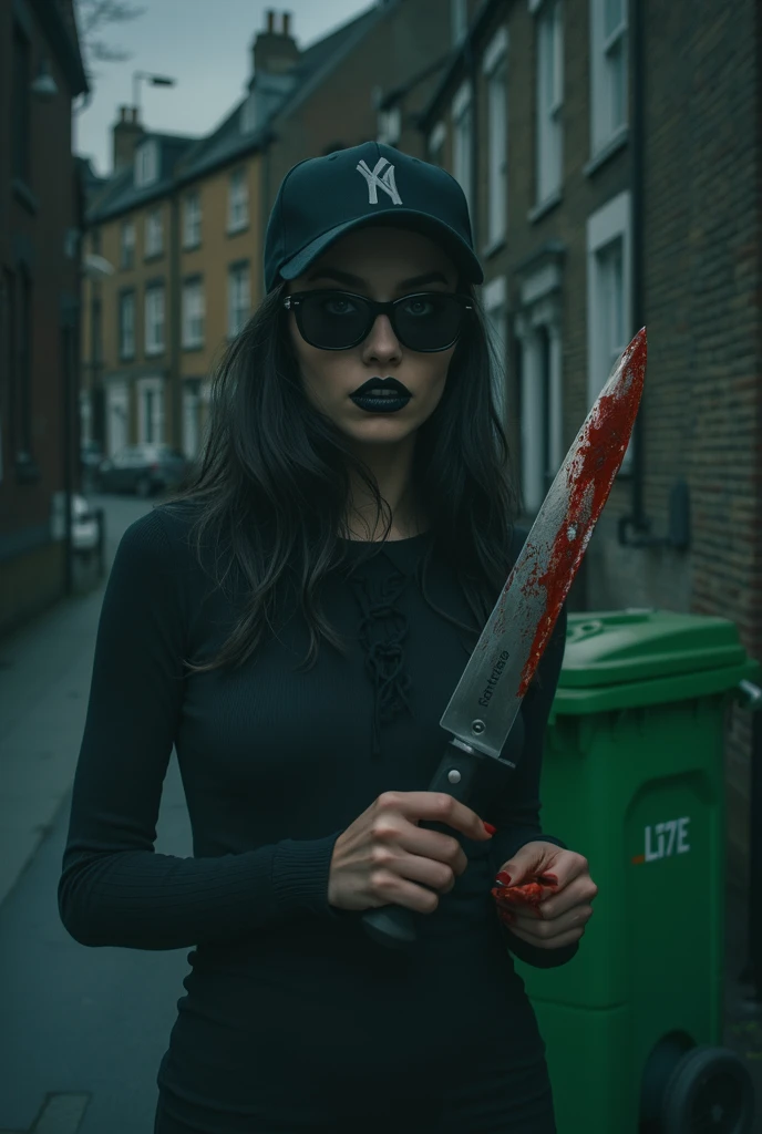 girl in black, Black baseball cap,  sunglasses, pale skin tone,  black lipstick , slim body , big blue eyes, horror,  with a bloody knife in his hands ,  crazy look , dark street , Gloomy Lane, Night,  alley without lighting , around tall brickwork houses, You can't see the sky ,  against the wall is a large , green trash can 