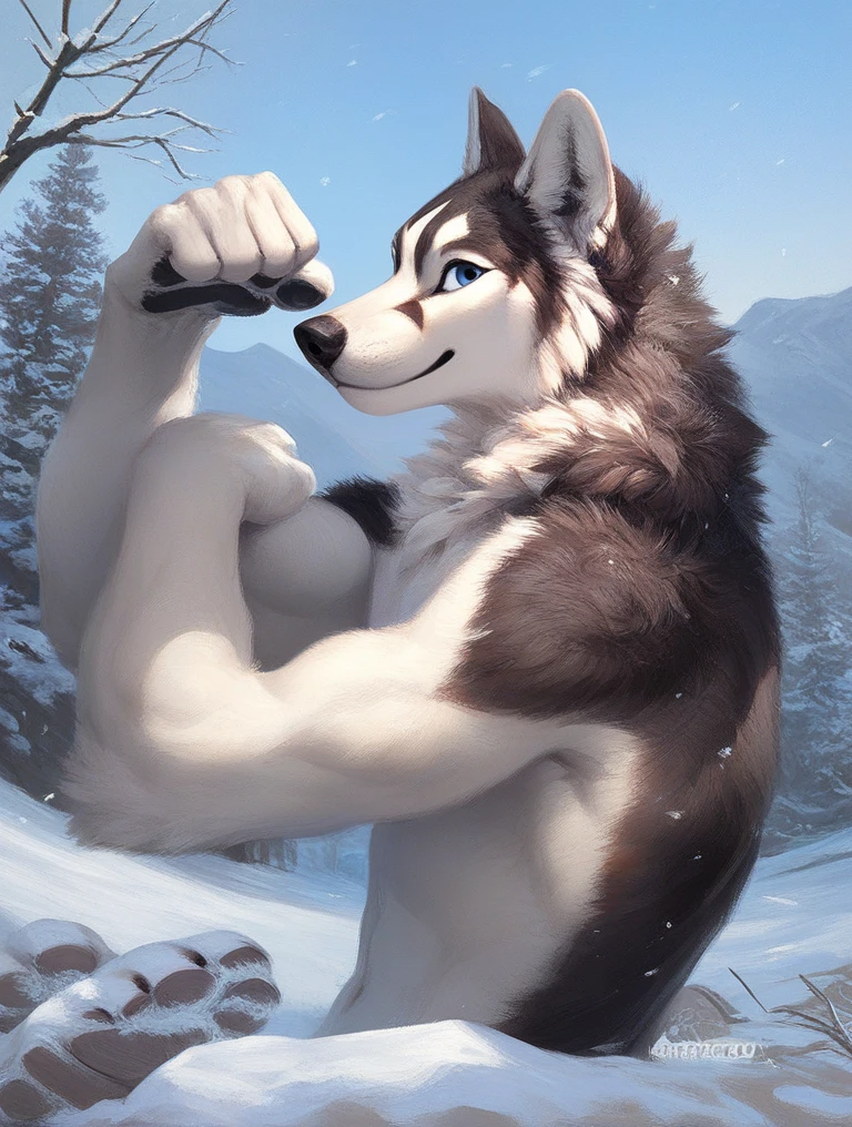 score_9, score_8_up, score_7_up, source_furry, rating_safe, by kenket, anthro, solo, male, husky, blue eyes,, legs, feet, toes,  pawpads, shiny pawpads, strong, outside, snow, body builder, upper body only, looking at viewer, coy, fur, masculine, flexing arms, biceps, side view, eyeing viewer from side
