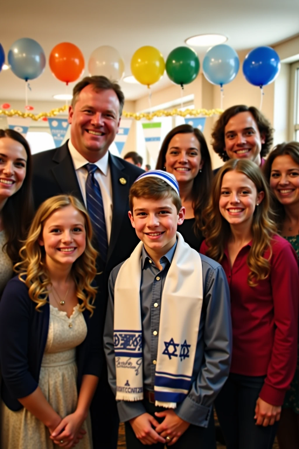 A joyful Bar Mitzvah celebration, featuring a young boy in a traditional kippah and tallit, surrounded by family and friends, smiling and posing for a formal group photo. The setting is decorated with balloons and banners, capturing the festive atmosphere of the occasion. Bright lighting, warm colors, and a sense of happiness and unity among the guests, in a candid yet professional photography style.