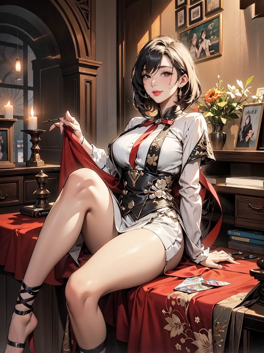 magic circle, RAW Photos、(Realistic)、(Super detailed)、(High resolution:1.37)、(masterpiece)、(Highest quality)、(8k)、(Ultra-Details)、Angle from below、(Perfect Anatomy:1.3)、(Beautiful Eyes)、Female gambler in school uniform playing card games、One girl、Watching the audience、A red blazer uniform with black collar and cuffs、Grey pleated skirt、Black ribbon tie、Black Pantyhose、Long straight black hair、bangs、Hime cut、(Super hourglass body type:1.3)、(Super big breasts pointing upwards:1.3)、Her eyes glow red when she plays games、Holding playing cards in hand、Correct fingers、Lots of playing cards、Stacked poker chips、Card game table、A confident smile、(blush)、Sexy acrobatic gambler pose、Movie Scenes、Concept Art、Kakegurui