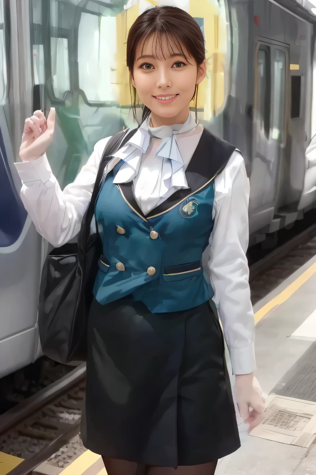 (Masterpiece:1.2, best quality :1.2), 32kHDR, kampala, (Alone、 1 girl)、(what 、 professional lights )、In-flight background、(Nankai Train crew uniformを着たリアルなスタイル)、(( Nankai Train Crew Uniform Green Vest ))、(( Nankai Train Crew Uniform Collarless White Long Sleeve Blouse )) 、(( Nankai Train Crew Uniform Black Curled Culotte Skirt 、 scarf wrapped around neck ))、 dark brown hair 、( long hair、 hair gathered、 hair gathered)、 dark brown hair 、 long hit 、Big Breasted 、Thin legs、(( Amazing hands :2.0)),(( harmonious body proportions :1.5)),((Normal limbs:2.0)),((Usually :2.0)),(( Delicate Eyes :2.0)),((Normal eyes:2.0)))、smile、(Nankai Train crew uniformを着た美しい姿)、Hands crossed underneath 、 and I'm not wearing a hat