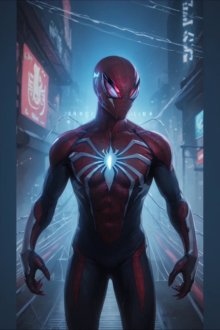 Suit Design: A sleek, black and crimson exosuit with pulsating neon-blue veins and metallic spider insignia across the chest.
	•	Mask: A dual-layered helmet with glowing red eyes, retractable fangs, and a jagged, spider-like mandible design for intimidation