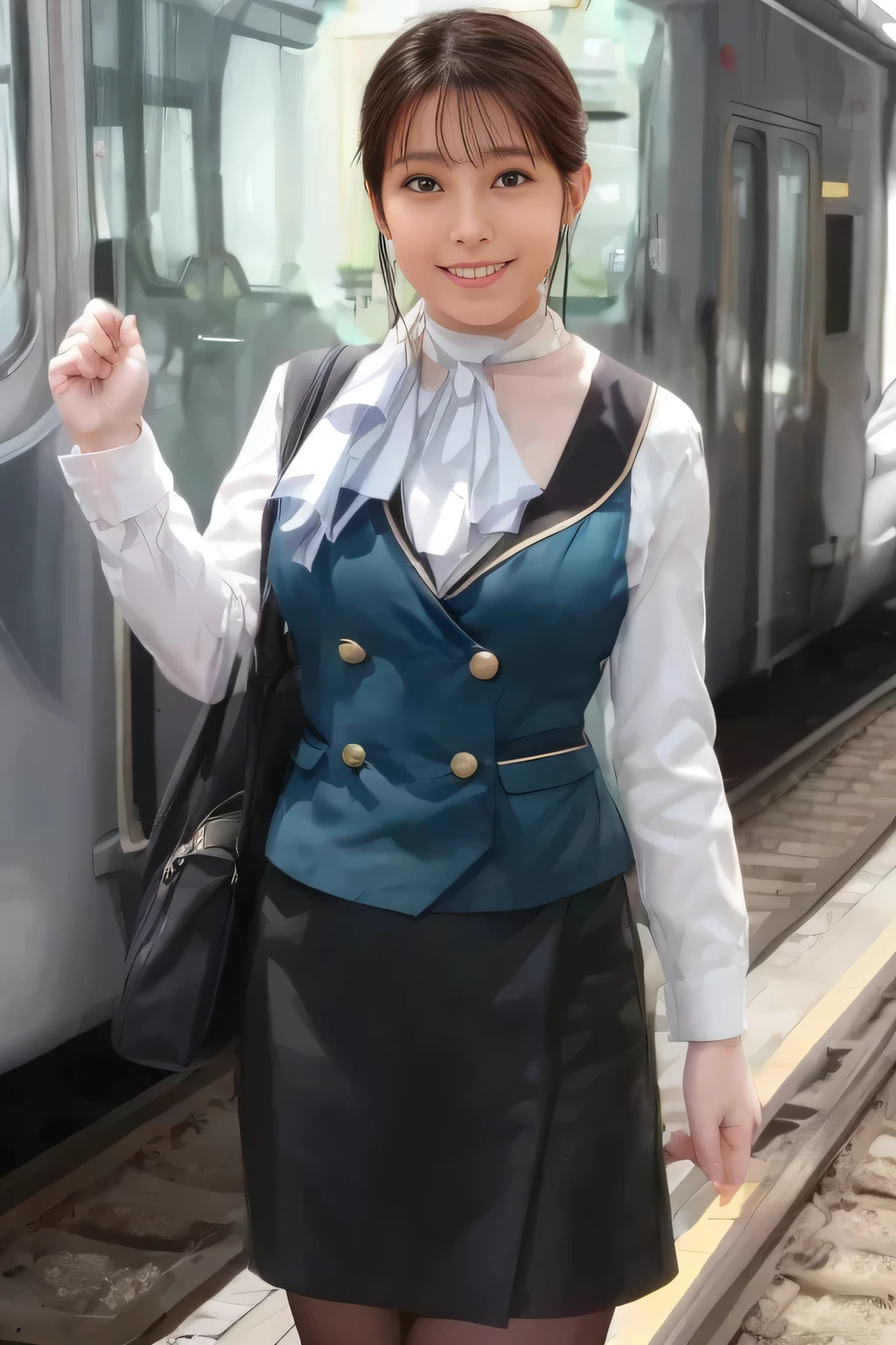 (Masterpiece:1.2, best quality :1.2), 32kHDR, kampala, (Alone、 1 girl)、(what 、 professional lights )、In-flight background、(Nankai Train crew uniformを着たリアルなスタイル)、(( Nankai Train Crew Uniform Green Vest ))、(( Nankai Train Crew Uniform Collarless White Long Sleeve Blouse )) 、(( Nankai Train Crew Uniform Black Curled Culotte Skirt 、 scarf wrapped around neck ))、 dark brown hair 、( long hair、 hair gathered、 hair gathered)、 dark brown hair 、 long hit 、Big Breasted 、Thin legs、(( Amazing hands :2.0)),(( harmonious body proportions :1.5)),((Normal limbs:2.0)),((Usually :2.0)),(( Delicate Eyes :2.0)),((Normal eyes:2.0)))、smile、(Nankai Train crew uniformを着た美しい姿)、Hands crossed underneath 、 and I'm not wearing a hat