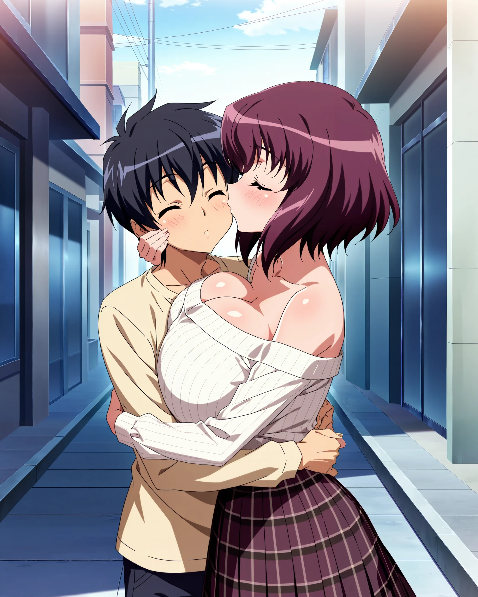 score_9, score_8_up, score_7_up, source_anime, anime coloring, anime screencap, 1 girl, alone, henrietta de tristain (zero no tsukaima), Dark Plum hair, short hair, white beautiful skin, closed eyes, closed mouth, girl kisses boy's cheek, kissing cheek, she kisses his cheek, kiss, gigantic breasts, cleavage, standing, upper body, sideview, long sleeves, off-shoulder ribbed shirt, beige shirt, pleated brown plaid skirt, long skirt, 1 boy, black hair, hug, she hugs boy, outdoors, sunny day, Tokyo city