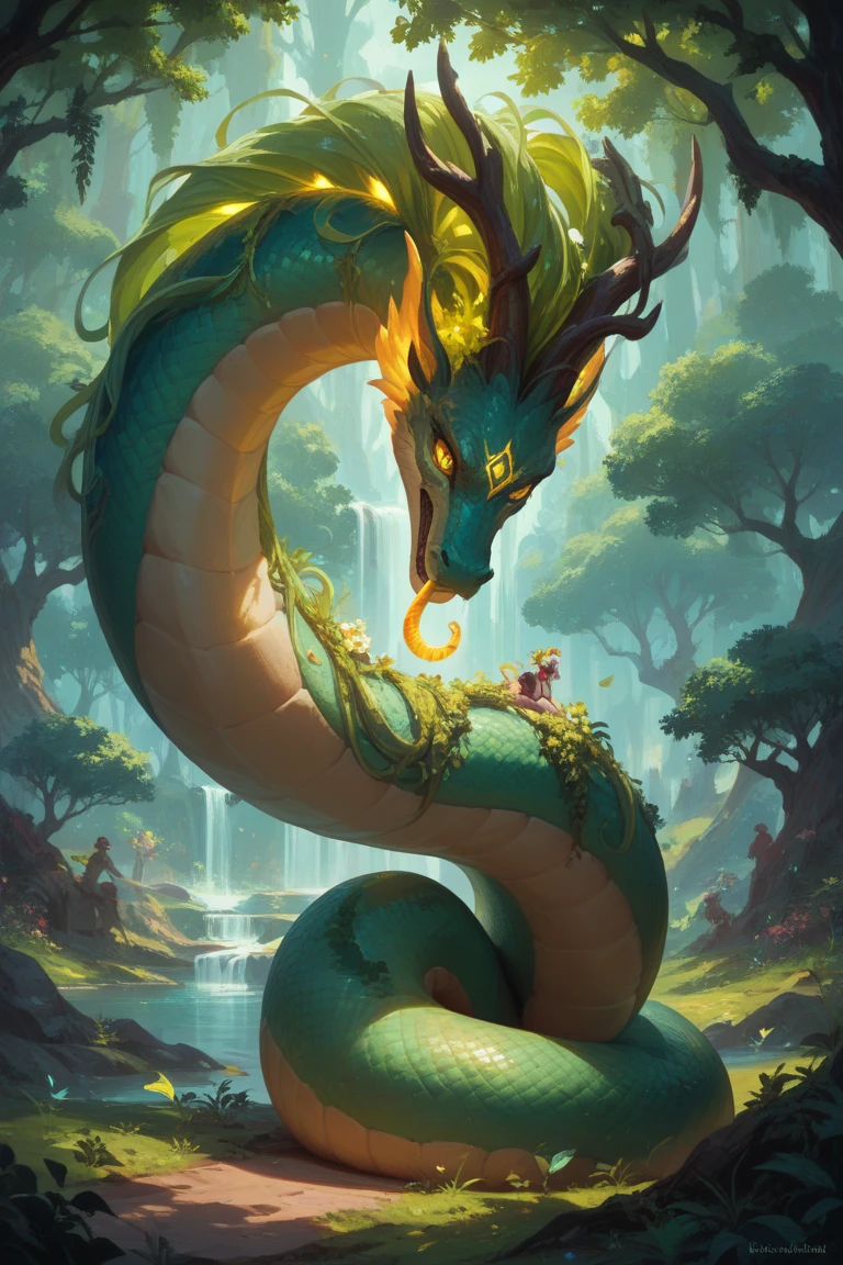 "A mystical garden with a glowing serpent coiled around the Tree of Knowledge, offering a bright, radiant apple to a curious human figure. The serpent’s eyes glimmer with wisdom and cunning, while the background reveals a beautiful but ominous mix of light and shadow."