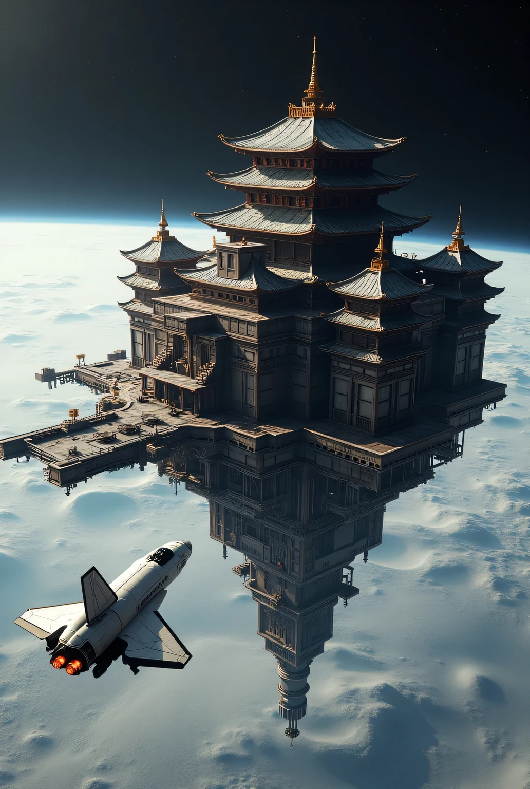  Please draw a space station in the shape of a Japanese Sengoku period castle floating in space near the surface of the moon。A space station built in Japan that is very old、The newest space shuttle is getting closer to the station。