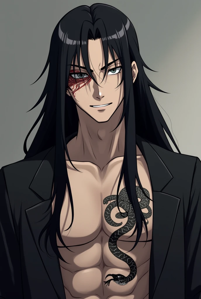 high resolution、tall、male、Black Hair、Long Hair、Center Parting、Tattoo、Open shirt、Black slacks、scar、Smoking a cigarette、Eye patch、Dark Gray Background、An evil look、Confused eyes