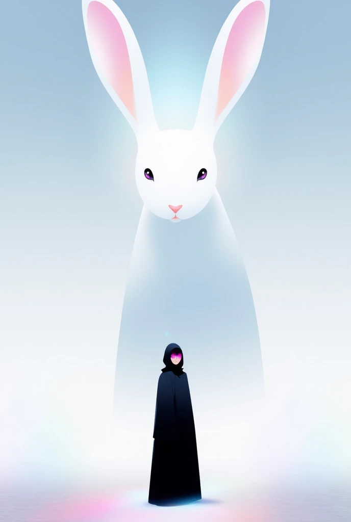 An ethereal surrealist illustration featuring a giant white rabbit in the background with soft pink highlights on its ears and eyes, surrounded by a dreamy glow. In the foreground, a shadowy figure of a girl in a long black cloak with glowing pink eyes stands mysteriously. The background is a blend of pale blue and white, creating a dreamy, blurred, and otherworldly atmosphere. Pastel lighting effects enhance the surreal and mystical vibe