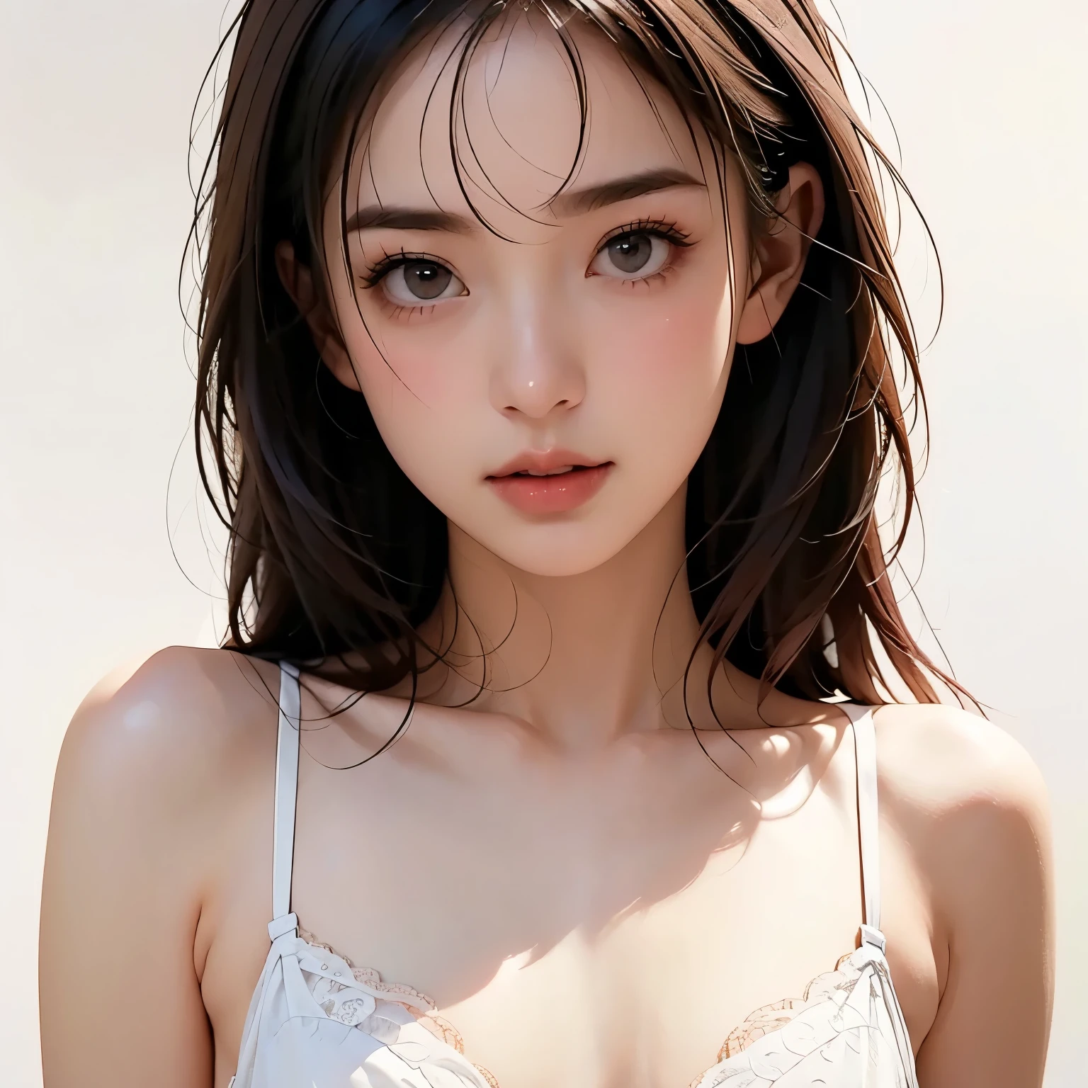 concept art 、(blank background:1.2)、( white background ;1.2)、 1 GIRL、shoulder shot、(Photographing a face)、( face of a man licking his lips:1.2)、 please describe the cute facial features in detail、 small breasts、 slim figure、 SEXY LINGERIE 、 Cinematic Light 、Soft light、 indirect lighting、 photorealistic , Masterpiece, top quality , break (blank background:1.2)、( white background ;1.2)、