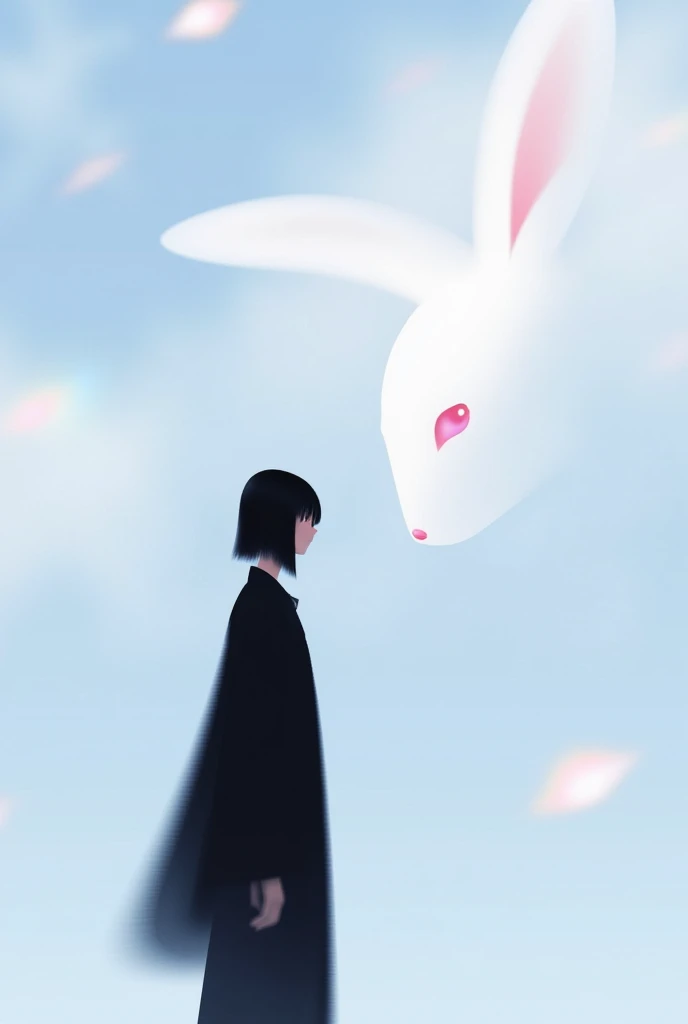 An ethereal surrealist illustration featuring a giant white rabbit in the background with soft pink highlights on its ears and eyes, surrounded by a dreamy glow. In the foreground, a shadowy figure of a girl in a long black cloak with glowing pink eyes stands mysteriously. The background is a blend of pale blue and white, creating a dreamy, blurred, and otherworldly atmosphere. Pastel lighting effects enhance the surreal and mystical vibe