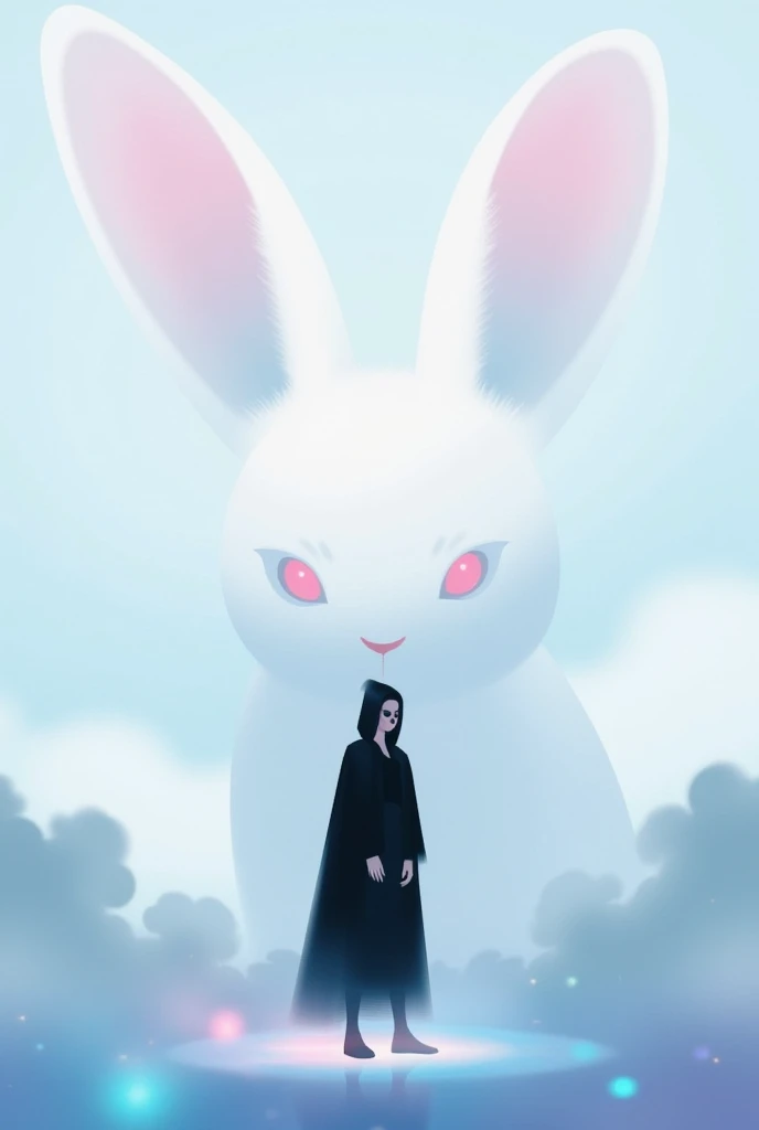 An ethereal surrealist illustration featuring a giant white rabbit in the background with soft pink highlights on its ears and eyes, surrounded by a dreamy glow. In the foreground, a shadowy figure of a girl in a long black cloak with glowing pink eyes stands mysteriously. The background is a blend of pale blue and white, creating a dreamy, blurred, and otherworldly atmosphere. Pastel lighting effects enhance the surreal and mystical vibe