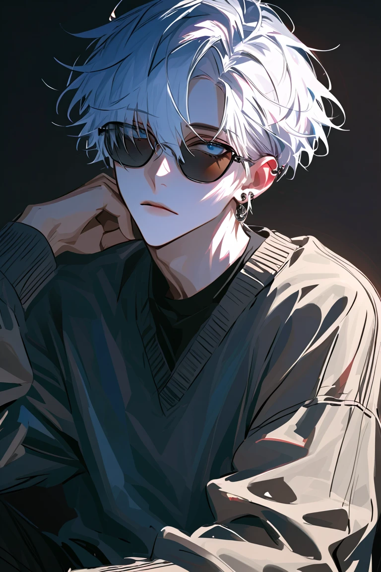  impasto,  short hair, Masterpiece,  best quality , 1 person , white hair ,  perfect face ,  BLUE Eye  ,   handsome man   , Alone,  blue-white skin ,  adult male  ,  upper body , Delicate line drawing, front with side View ,  very detailed ,  black background , sketch ,  Stylish clothes , black sunglasses ,  carkey color cardigan, modern style , piercing  , sit , proud