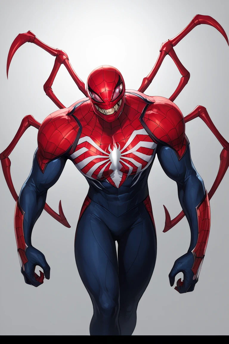 Suit Design: A sleek, black and crimson exosuit with pulsating neon-blue veins and metallic spider insignia across the chest.
	•	Mask: A dual-layered helmet with glowing red eyes, retractable fangs, and a jagged, spider-like mandible design for intimidation