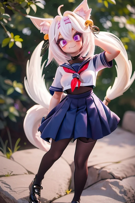 Filian, white hair, purple eyes, blue seifuku, short sleeves, black stockings, shoes, large breasts, hair bell, hairband, ahoge, animal ears, tail