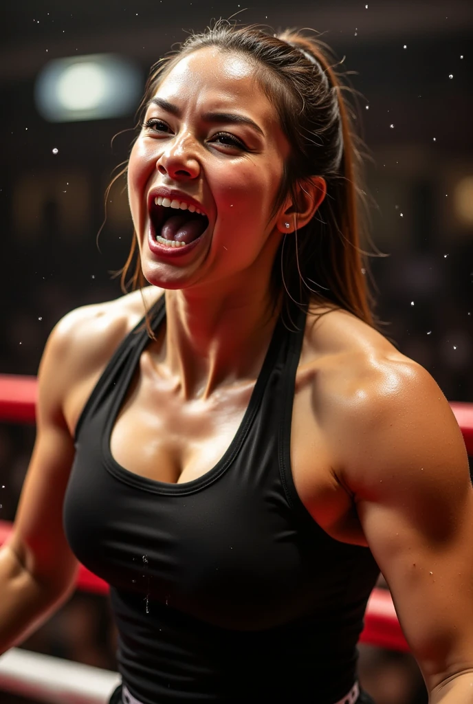  muscular and sweaty beautiful female boxer , ,   black tank top ,  Her mouth is wide open and lots of saliva is falling out of her mouth, Drops of water dripping from her mouth 