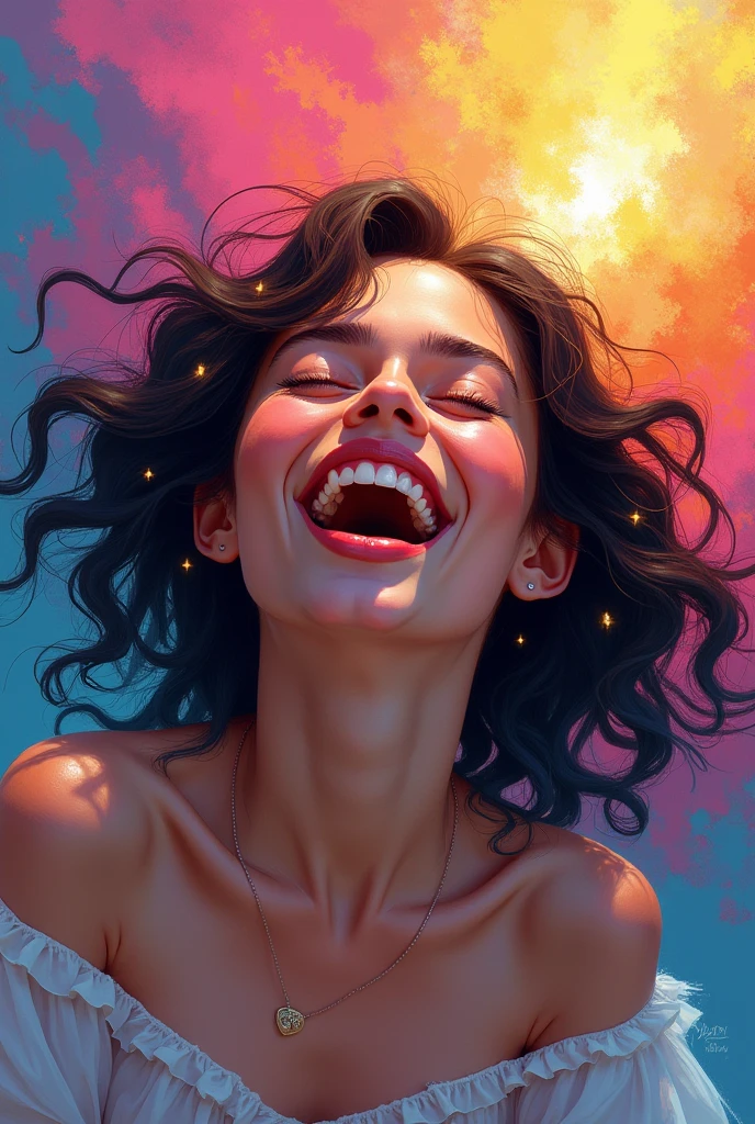 há uma mulher com um sorriso muito grande no rosto, inspired por Yanjun Cheng, Ross Draws 1. 0, artwork in the style of Guweiz, por Russell Dongjun Lu, wlop rossdraws, Ross Draws 2. 0, por Yanjun Cheng, Guweiz, sorriso largo, Iluminação Global RossDraws, lois van rossdraws