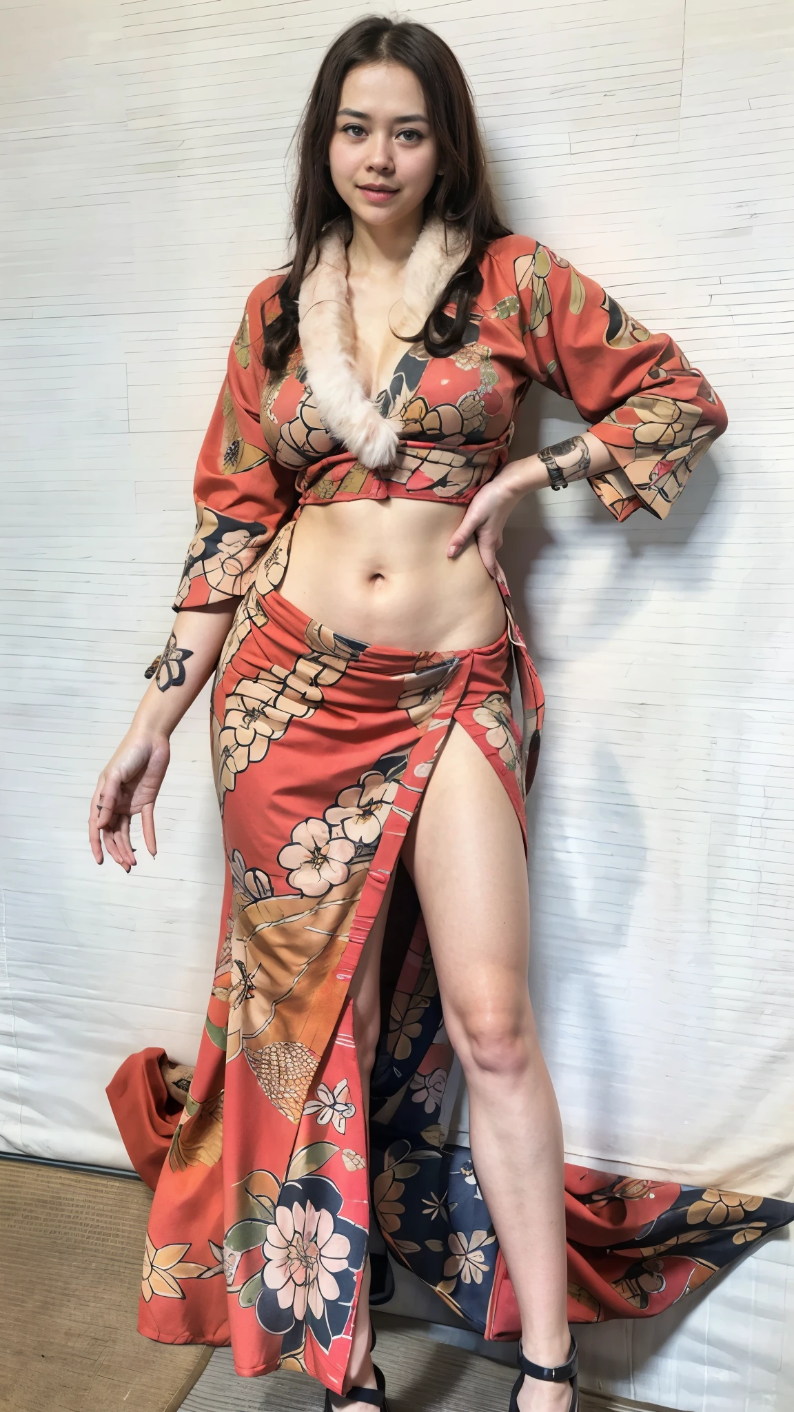 A close-up portrait of beautiful aurakasih wearing ((boa hancock autentic red kimono):1.4), it exposed her breast and irezumi tattoo on her shoulders, bottomless, she looks sexy with droopy breast, slim body with skinny posture, blue eyes, brunette hair with traditional accesories, she hug her breast up when posing, sea and sky background, when daylight, nude colors, warm atmosphere, wide angle, seen from below, facing forward, 