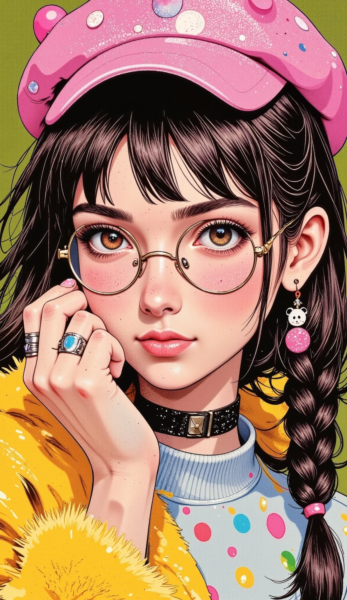 Close-up of a person wearing a hat with pink sequins and shiny glasses and round colored glasses. He wears his index fingers close to his mouth , Put your lips as if you were going to kiss painted with pink glitter , on her fingers she wears rings she wears a yellow fur coat , earrings with panda bears , she wears disheveled bangs and two twin braids on the sides of her shoulders , her eyes wide open beautiful and tender cyan she is European , olive green background ., digital art inspired by Yanjun Cheng , tumblr, arte digital, beautiful artistic style , Realistic kawaii portrait , beautiful digital art , lindo colorido adorable, work of art in the style of Guweiz , Cute cartoon style , arte digital detallado y lindo , guweiz, realistic painting of a pretty girl , a pretty girl , Beautiful cartoon