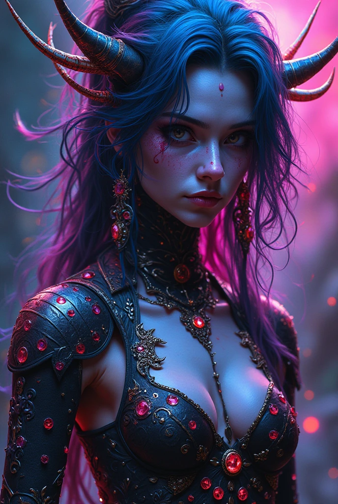 ((NSFW:1.2)), ((Mediovale)), uma mulher Tiefling, reddish skin, ram horns, full body, completely white eyes, scar on the lips on the right side, Bblack hair, hair tied in a bun, scraping both sides, a braid on each side of the bangs.