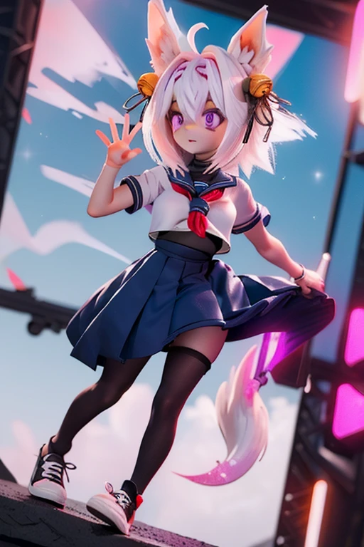 Filian, white hair, purple eyes, blue seifuku, short sleeves, black stockings, shoes, large breasts, hair bell, hairband, ahoge, animal ears, tail