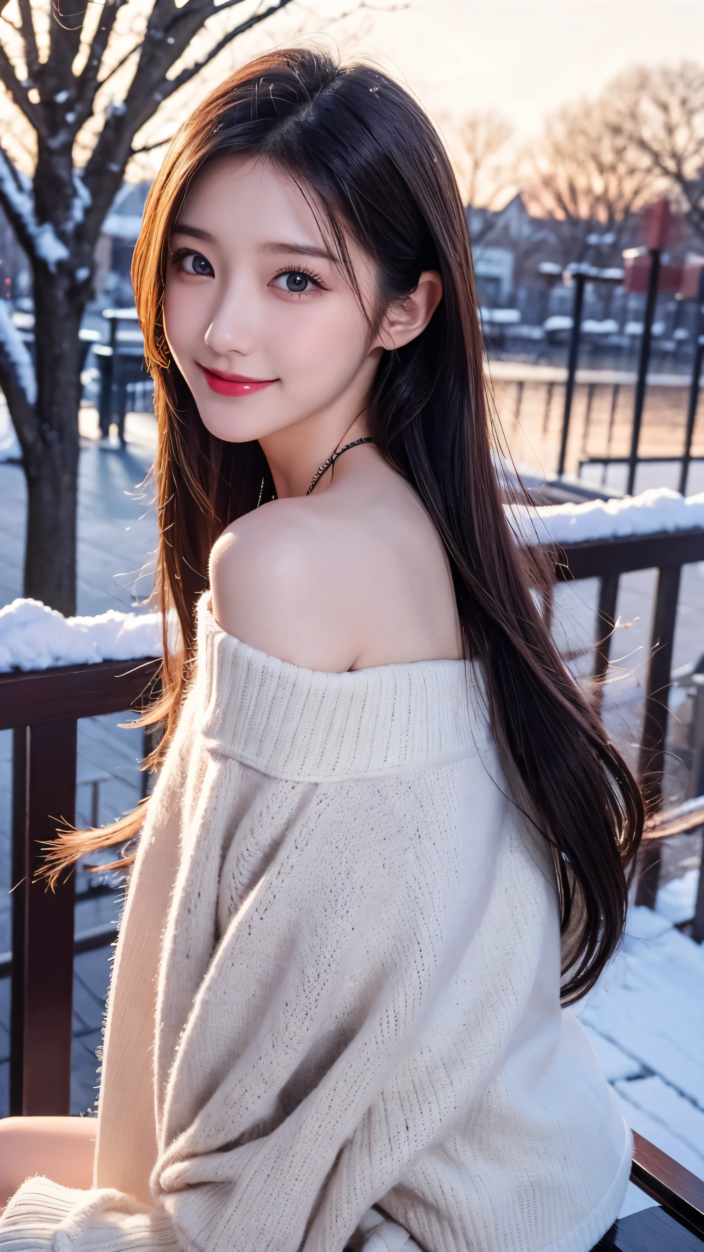 table top, best quality , Masterpiece, very detailed, High Resolution , 8k wallpaper, Perfect Dynamic Composition, 20 year old girl, beautiful eyes with attention to detail sitting on the eaves, beautiful long straight hair, トレンディな winter fashion , small breasts, natural colored lips, bold and sexy pose to show off your nails, is a smiling face, cute woman, elegant face,Slim Style, Tokyo, big eyes, camera from behind, winter fashion, Perfect Beautiful Face ,Elegant Winter clothes, off shoulder ,Wear a jacket, Perfect Beautiful Face ,Winter clothes, beautiful breasts, off shoulder ,Wear a jacket