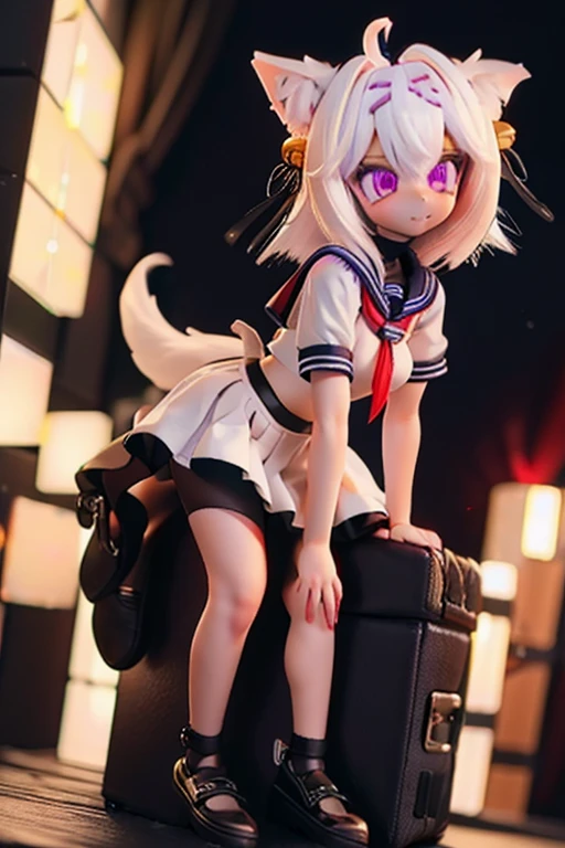 Filian, white hair, purple eyes, blue seifuku, short sleeves, black stockings, shoes, large breasts, hair bell, hairband, ahoge, animal ears, tail