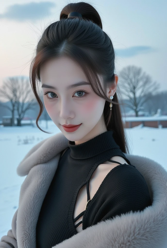 ((masterpiece, 32k,8k,wallpaper, high resolution, H,RAW photos,)),(realistically:1.5),(light),(Detailed fingers),(High detail skin:1.beautiful eyes),1 girl,alone,center， Winters, Yuki, fur collar wind coat, turtleneck sweater, Minkitz, lace up pantyhose,(huge snatch),twilight，Cloud，wind，hair flying，