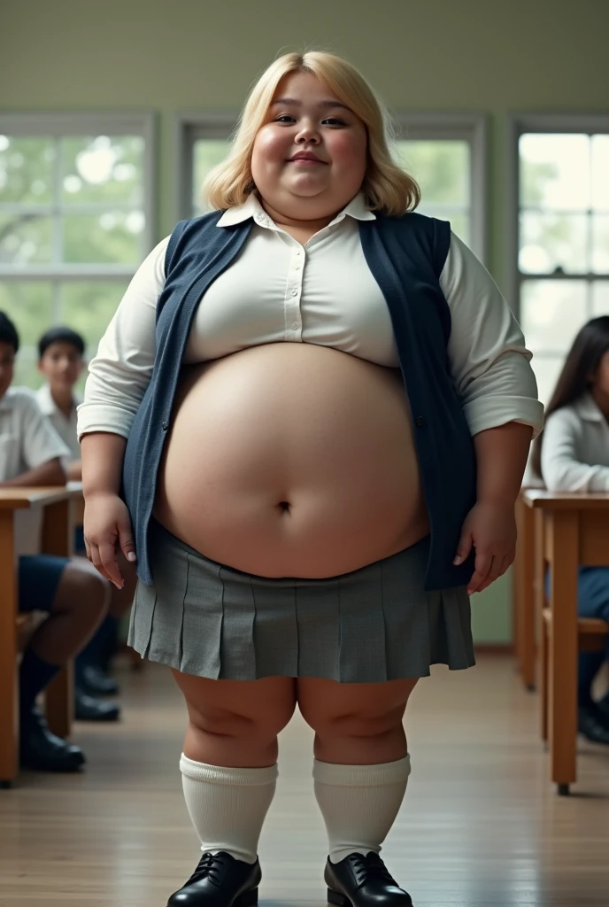 Real women, she is Blonde with short hair, she has an hourglass figure, she has a surreal, hentai-like physique, with exaggerated curves that showcase large buttocks and voluminous breasts., she is slim
Comedy movie poster entitled 'Prof et Paillettes', featuring a charismatic woman in the role of an eccentric teacher, with a huge bosom that commands attention. Her bright smile and the glasses on her nose add a touch of charm. She wears a colorful cardigan over a fitted white blouse, showing off her figure, with a playfully patterned skirt and comfortable shoes. In the background, a lively classroom with students laughing and having fun. The film's title is written in bright, dynamic letters, surrounded by humorous dialogue bubbles, suggesting an adventure full of laughter and unexpected lessons.