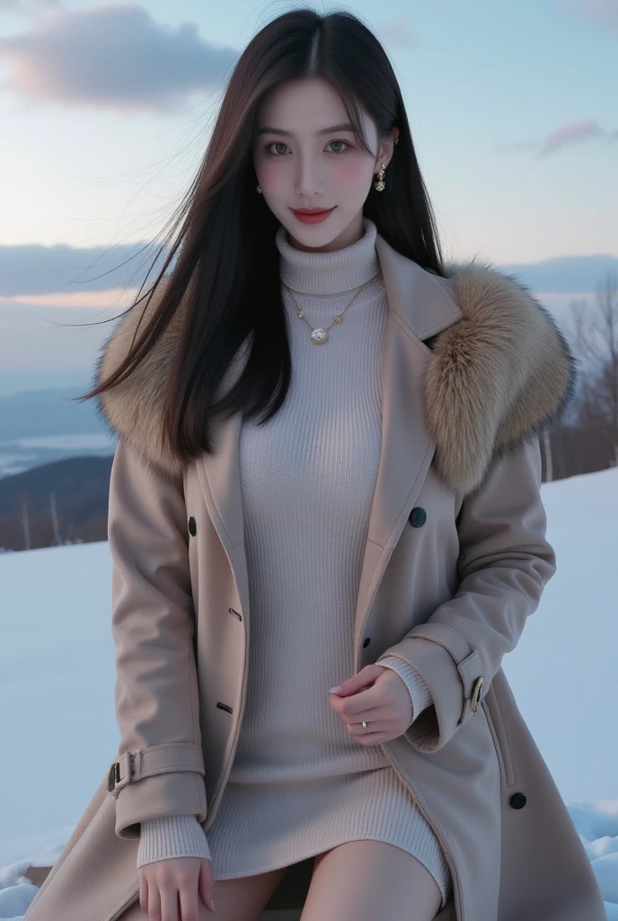 ((masterpiece, 32k,8k,wallpaper, high resolution, H,RAW photos,)),(realistically:1.5),(light),(Detailed fingers),(High detail skin:1.beautiful eyes),1 girl,alone,center， Winters, Yuki, fur collar wind coat, turtleneck sweater, Minkitz, lace up pantyhose,(huge snatch),twilight，Cloud，wind，hair flying，