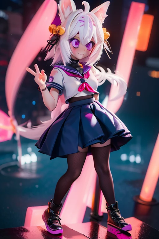 Filian, white hair, purple eyes, blue seifuku, short sleeves, black stockings, shoes, large breasts, hair bell, hairband, ahoge, animal ears, tail