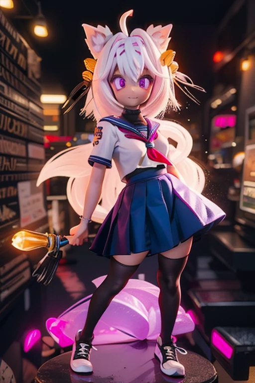 Filian, white hair, purple eyes, blue seifuku, short sleeves, black stockings, shoes, large breasts, hair bell, hairband, ahoge, animal ears, tail