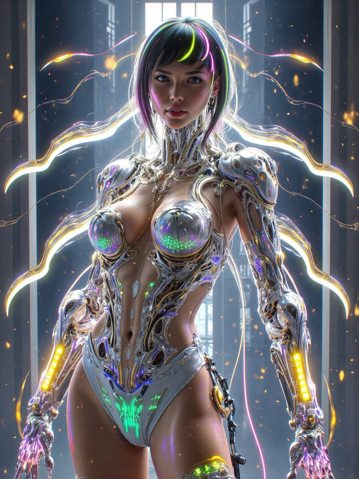 artistic conception，White Space，Rock Color，Gold Leaf， color particles , color curve ，Chen Jialing,Dark Night Glow,Neon colors ，((Best Quality)), ((masterpiece)), ( Details:1.4), (((Cybersuit with Machine Parts and Clear Skin Iridescent Aurora Material Grey carbon material Cyberpunk Beauties ))), ((Wide open chest)),  hip and thigh skin , Ticker ( high dynamic range),  ray tracing, NVIDIA,  super resolution,  Subsurface Scattering PBR Texturing, post processing,  High Dynamic Range ,  for thin string underwear, Surface shading, Accurate simulation of light/Material interactions,  perfect proportions , Two tone lighting, wide aperture, Low ISO, white balance , 8k, Viewer discretion advised, (((Tall Woman))), 25-year-old woman, Bright LEDs, Knee-length, bulge, open stance,  hip and thigh skin , Beautiful body,  belly button visible through bare skin , Big Breasts, (( Glowing LEDs)), ( Big Breasts: 1.0),  a dazzling cyberpunk cityscape , Skyscraper, Neon Signs, LED Light, Bright and vivid color scheme, Bright and vivid color scheme,  surprised expression ,  short bang , (((Beautiful, shiny rainbow-colored hair Straight Medium Ponytail ))),  Anatomically Correct Arms and Fingers, Seven color tones，Gold lines ，Shine,Revea,Self-illumination, flowing lines , Master Composition ， Super dreamy colors ，Colorful Lights and Shadows， Extreme Details ，Finely engraved ，8k， HD， high quality 