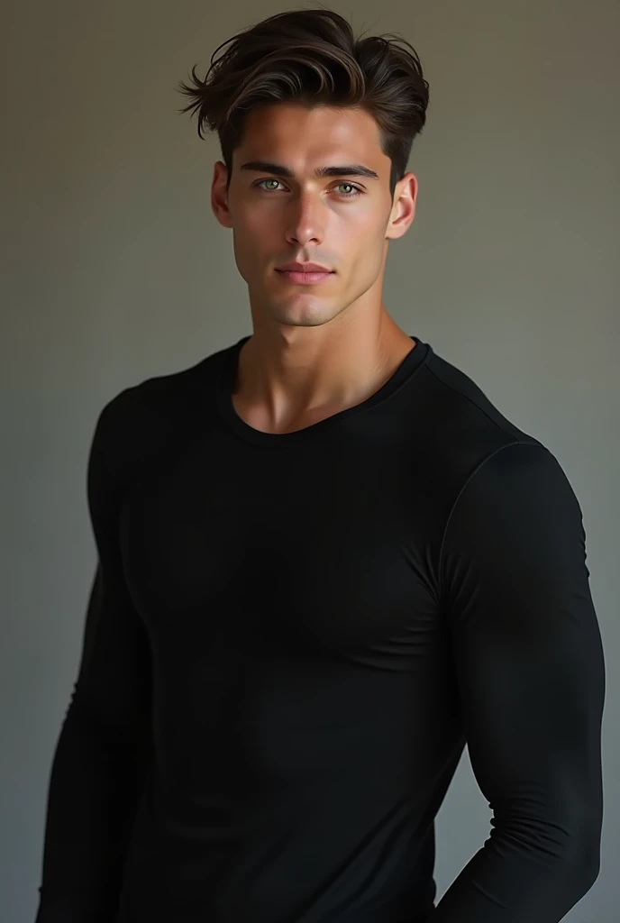 portrait of a handsome male model, 18 years old, tight compression shirt, without beard, with medium dark slicked back hair, blue eyes, thick lips, cocky smile, hand grabbing his large bulge in his pants, homoerotic